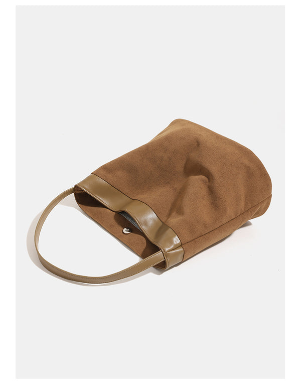 Vintage matte suede-effect bucket shoulder bag with smooth leather-look trim band and flat strap, detail view 8