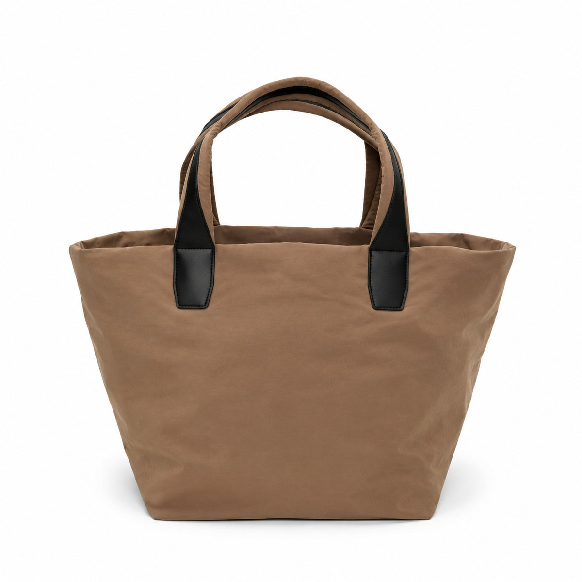 Large lightweight nylon tote bag with zipper closure, black leather-look handles, and trapezoid silhouette, detail view 8