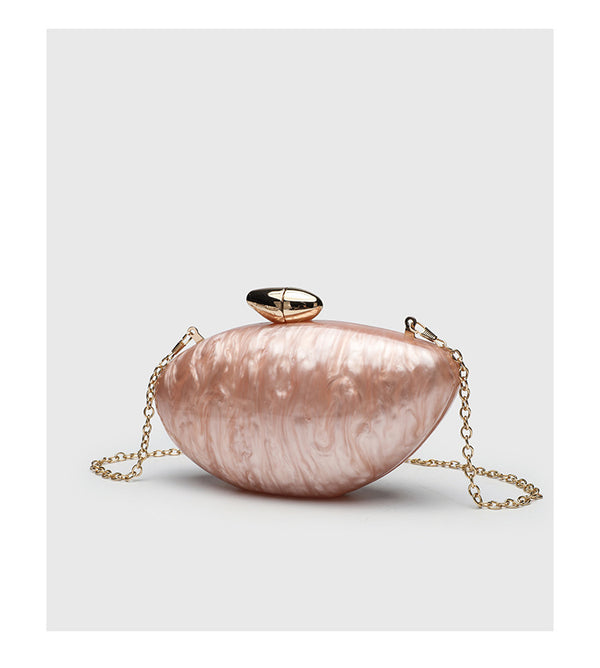 Oval hard-shell marbled gloss clutch bag with gold-tone kiss-lock clasp and detachable gold chain strap, detail view 12