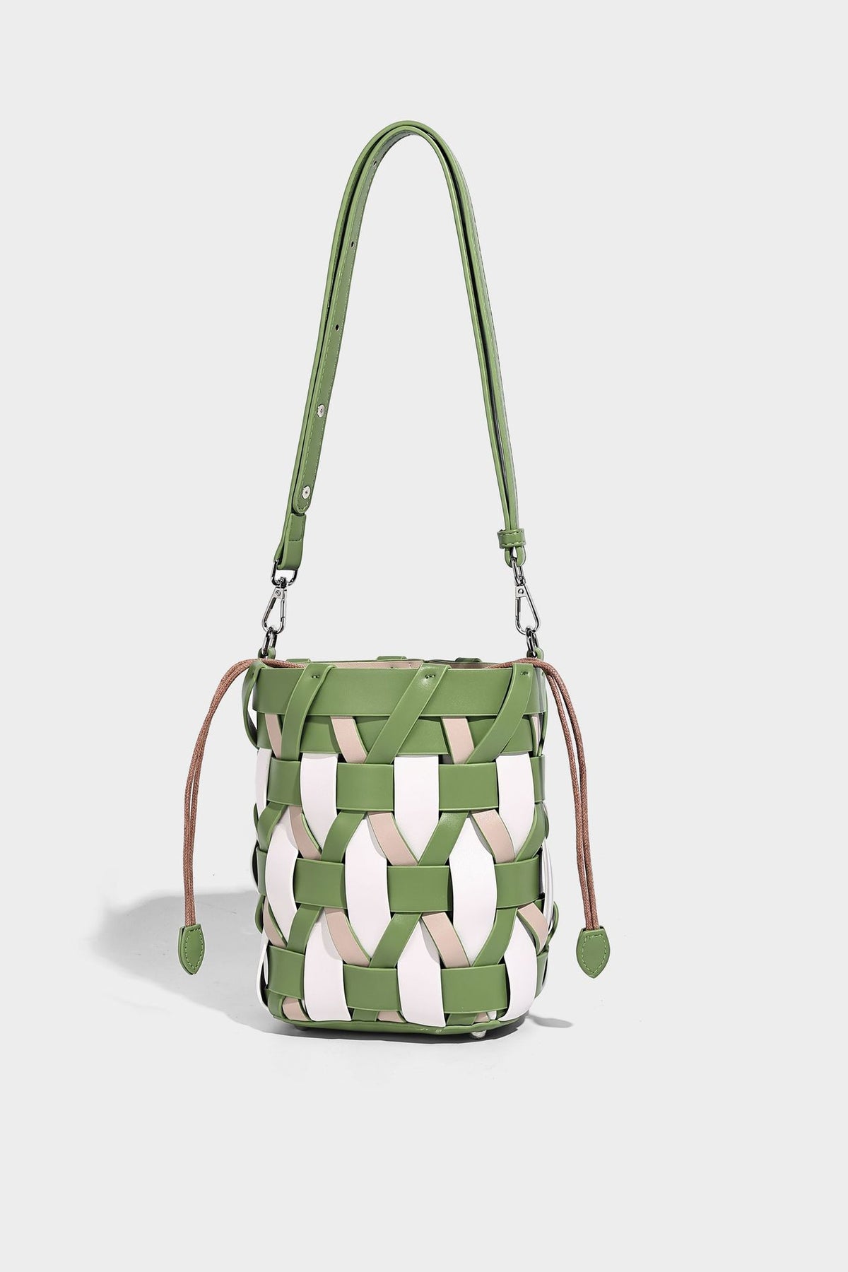 Small woven lattice bucket bag in tan and cream leather-look strips with drawstring top and detachable crossbody strap