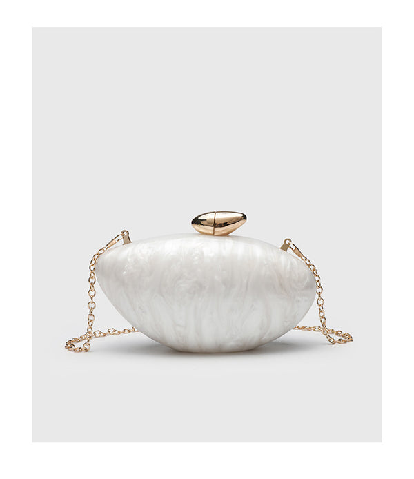 Oval hard-shell marbled gloss clutch bag with gold-tone kiss-lock clasp and detachable gold chain strap, detail view 10