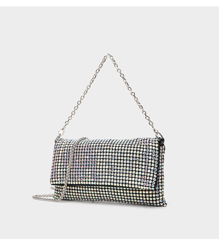 Small rectangular all-over rhinestone flap crossbody clutch bag with silver chain strap, detail view 10