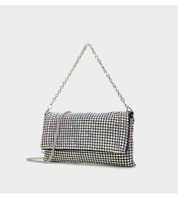 Small rectangular all-over rhinestone flap crossbody clutch bag with silver chain strap, detail view 10