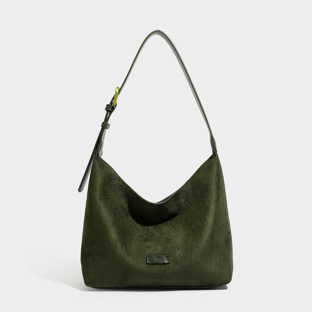 Dunkelbraune, weich fallende Hobo-Schultertasche mit strukturiertem Körper in Veloursleder-Optik, glatten Besätzen in Leder-Optik und Beschlägen in Antikgoldoptik, Detailansicht