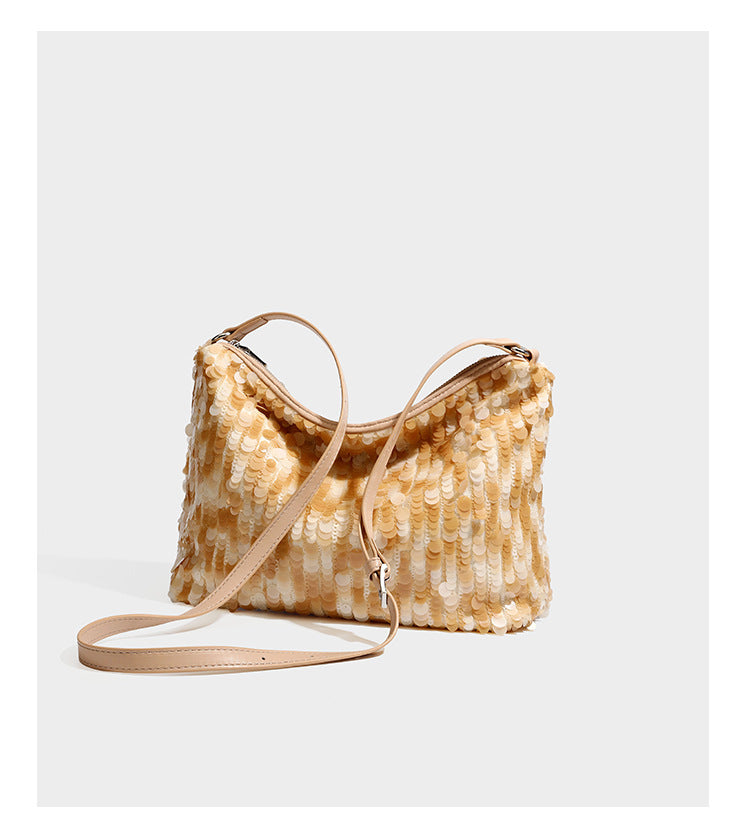 Slouchy paillette sequin hobo shoulder bag with zip closure and adjustable leather-look strap with silver chain hardware