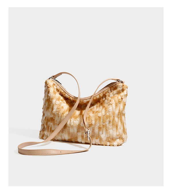 Slouchy paillette sequin hobo shoulder bag with zip closure and adjustable leather-look strap with silver chain hardware