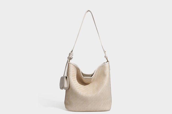 Woven-look slouchy hobo shoulder bag in brown with attached mini pouch and gold-tone hardware, detail view 43
