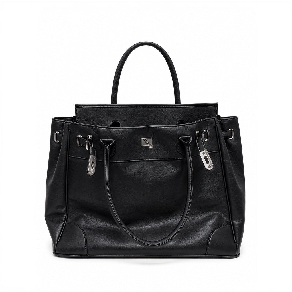 Large structured tote bag with turn-lock closure, silver-tone buckle hardware, and twin rolled handles, detail view 8