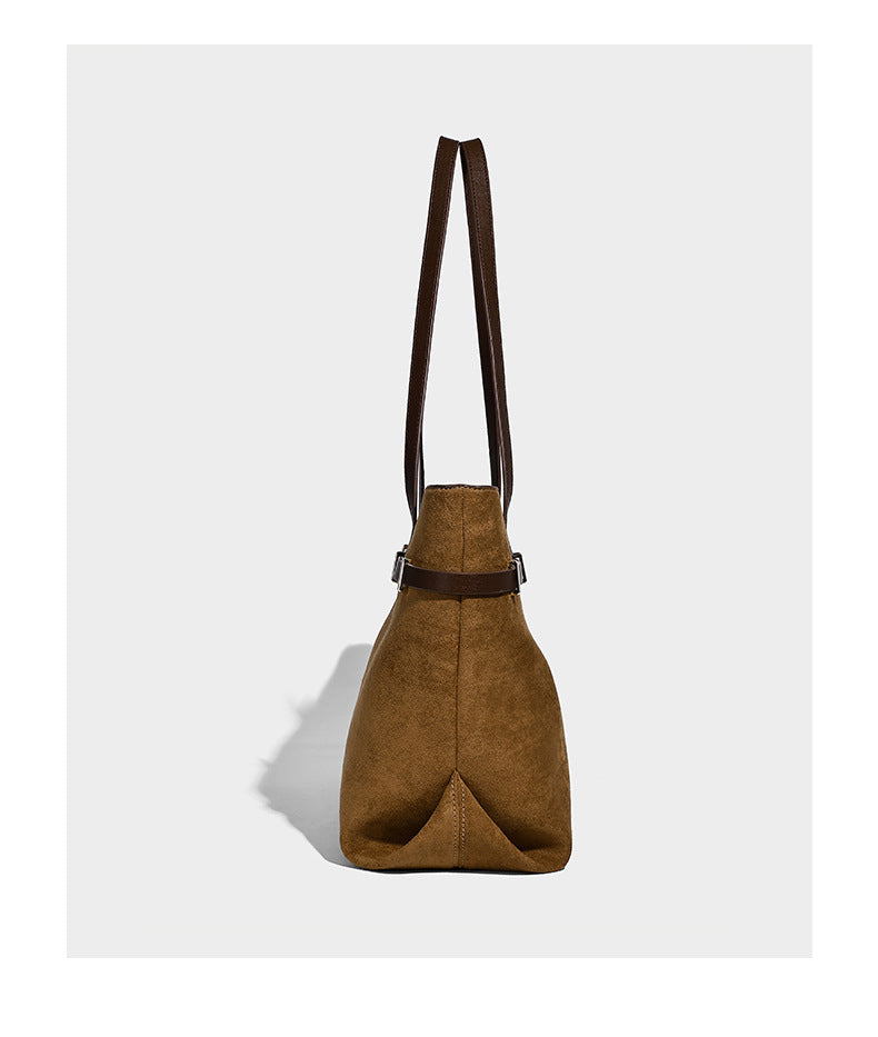 Structured suede-look shopper tote with wraparound belt strap and gold turn-lock clasp, long dark brown shoulder handles