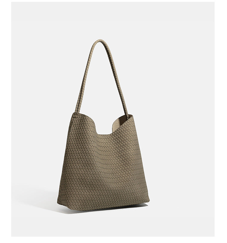 Large woven hobo shoulder bag with braided strap and matching zip pouch in dark brown, detail view 20