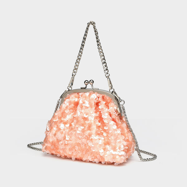 Small structured sequin kiss-lock evening bag with silver-tone chain strap in cream white, detail view 7