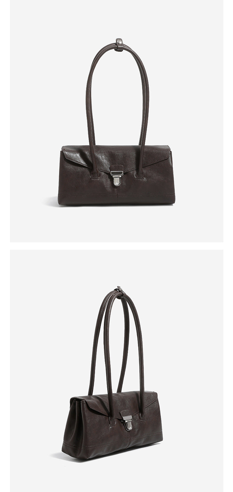 Compact structured rectangular flap shoulder bag with silver-tone turn-lock clasp and long rounded handles, detail view 11