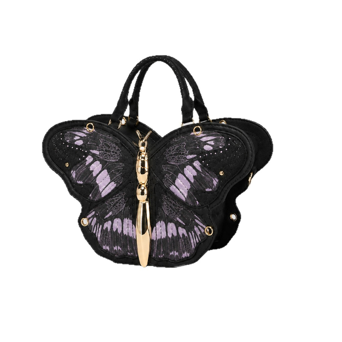 Schwarze Handtasche in Schmetterlingsform mit rosafarbenem Print auf den Flügelpartien und goldfarbenem, skulpturalem Reißverschlussanhänger in Form eines Schmetterlingskörpers, Detailansicht 5