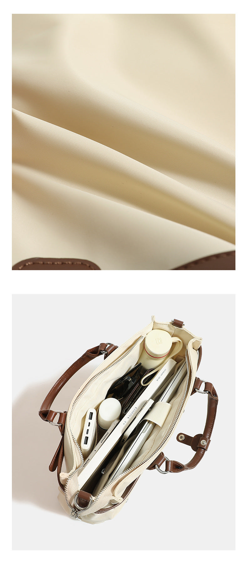 Strukturierte wandelbare Tote-Bag aus mattem Nylon mit Besatz in brauner Lederoptik, Schnallendetail und Metallbeschlägen in Silberoptik