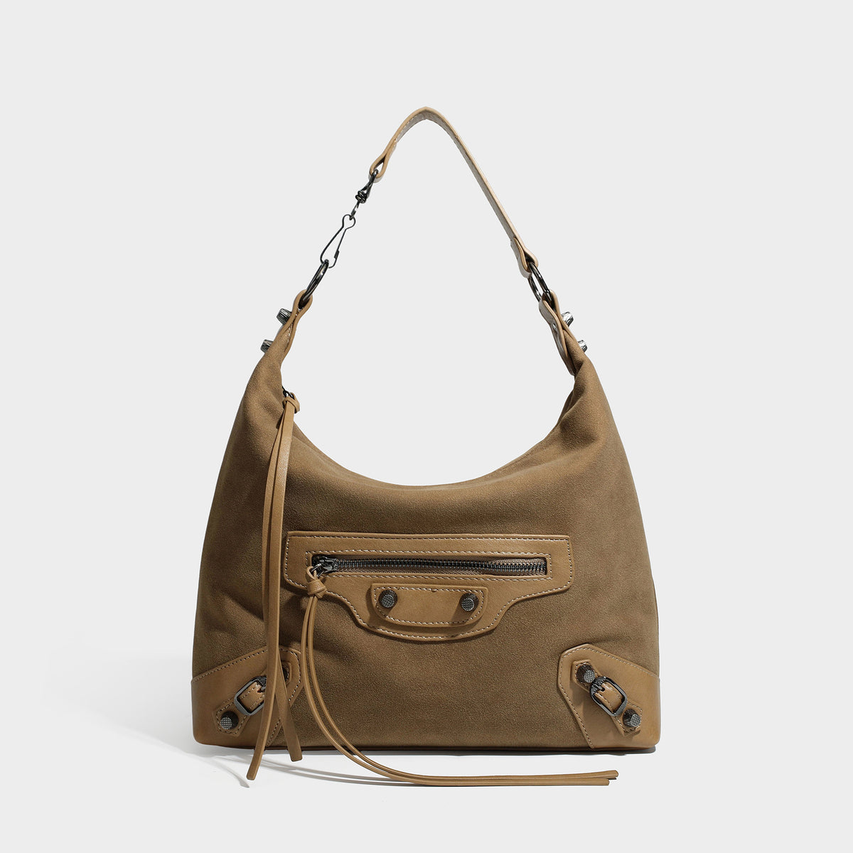 Slouchy suede-finish hobo shoulder bag with dark hardware, exterior zip pocket, tassel ties, and detachable crossbody strap