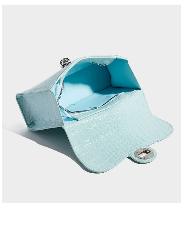 Mini croc-embossed glossy structured handbag with silver-tone turn-lock clasp and short top handle, detail view 18