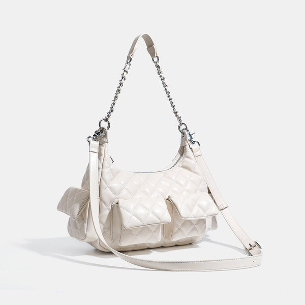 Off-white quilted leather-look hobo shoulder bag with diamond stitching, chain-and-strap handle, two front flap pockets