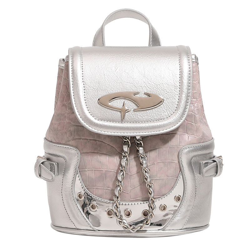 Croc-embossed mini backpack with silver metallic leather-look trim, decorative chain, and metal logo clasp, detail view 5