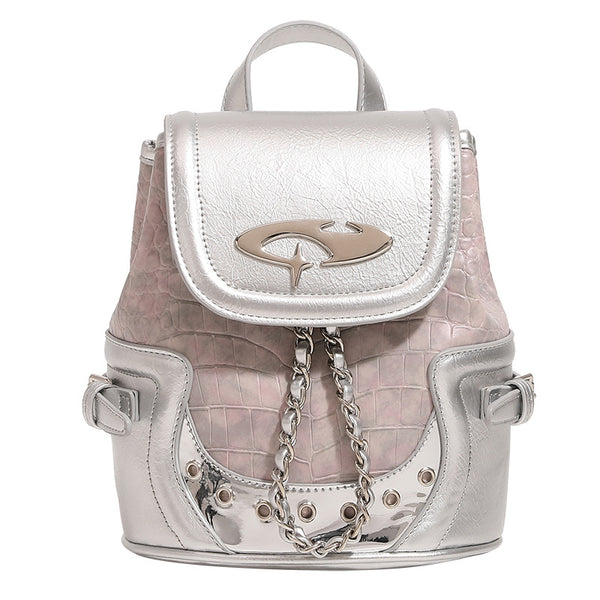 Croc-embossed mini backpack with silver metallic leather-look trim, decorative chain, and metal logo clasp, detail view 5