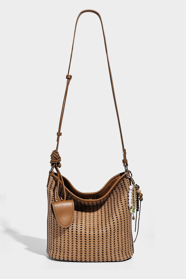 Slouchy open-weave hobo shoulder bag with leather-look trim, beaded tassel charm, and adjustable strap, detail view 28