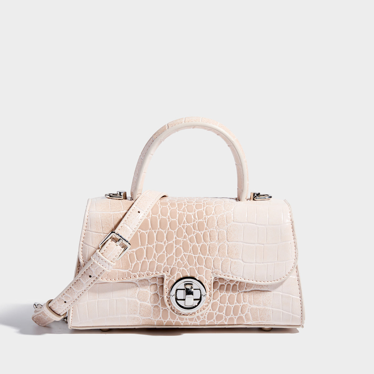 Mini croc-embossed glossy structured handbag with silver-tone turn-lock clasp and short top handle, detail view 9