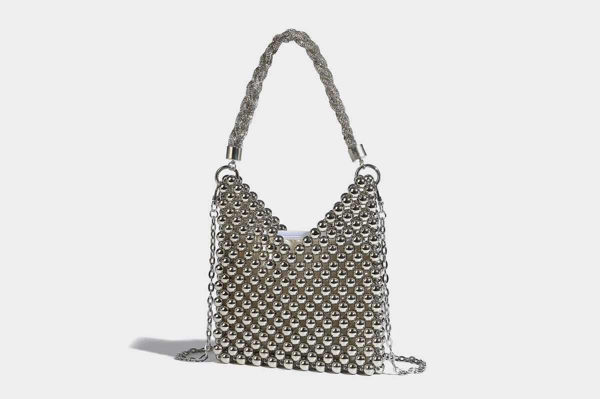 Small silver metallic beaded mini bag with braided rhinestone top handle and detachable chain crossbody strap, detail view 21