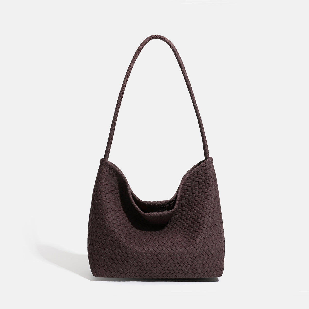 Large woven-texture hobo shoulder bag with braided strap and soft trapezoidal silhouette, front view