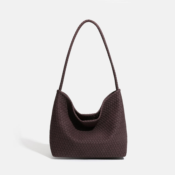 Große Hobo-Schultertasche mit Webstruktur, geflochtenem Riemen und weich fallender Trapezform, Vorderansicht