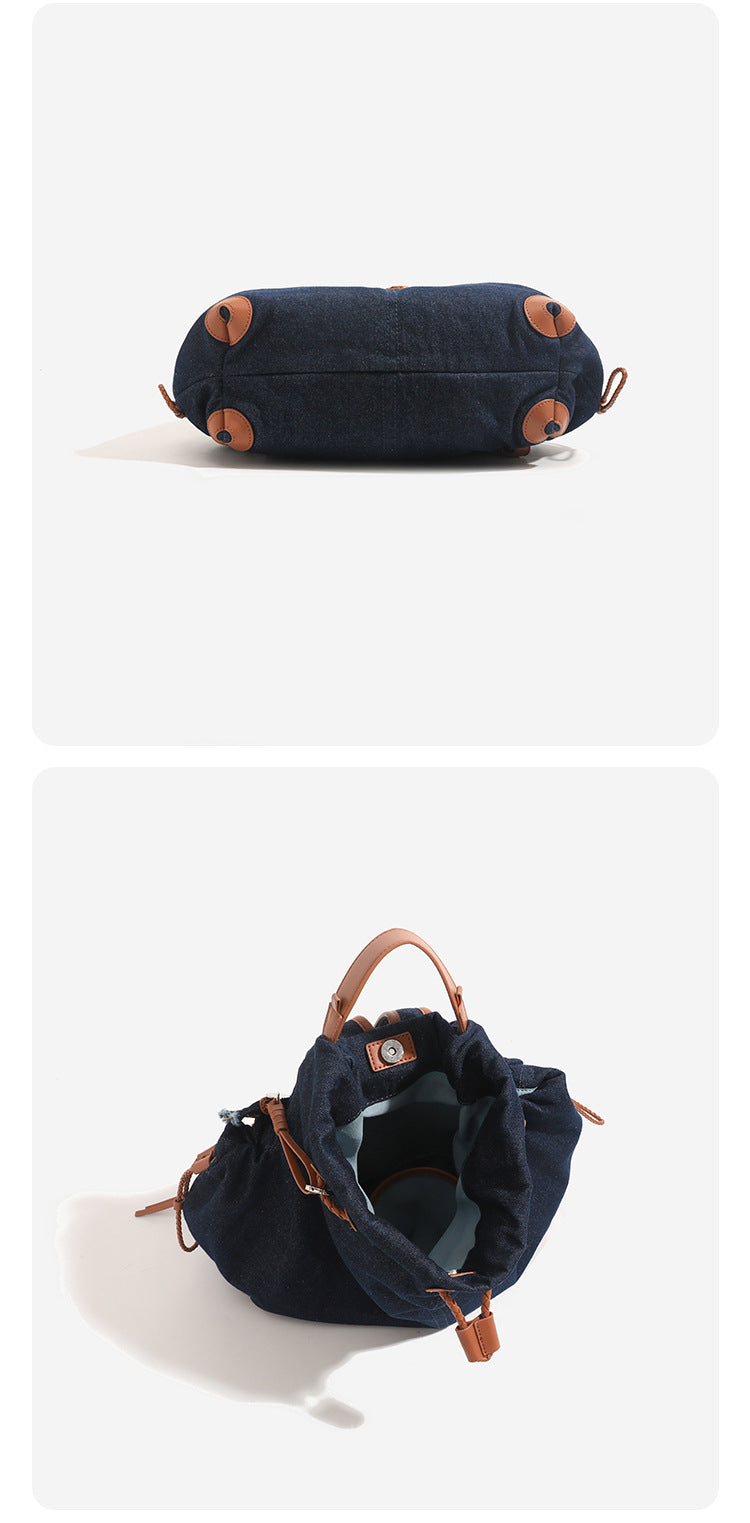 Lässiger Rucksack im Beuteltaschen-Stil mit Kordelzugverschluss, geflochtener Kordel, cognacfarbenen Kunstlederdetails und Eckenschutz, Detailansicht 16