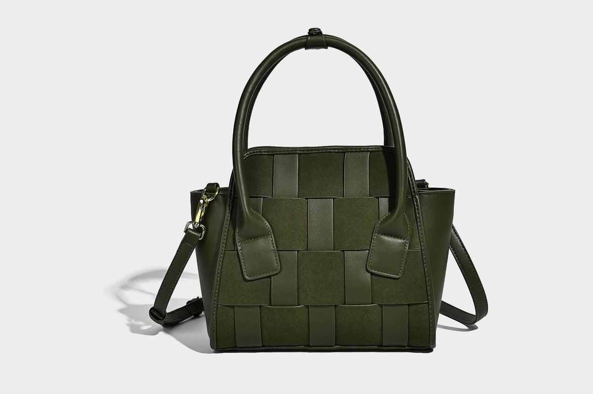 Small structured woven-panel mini tote bag with double top handles and detachable crossbody strap in matte leather-look