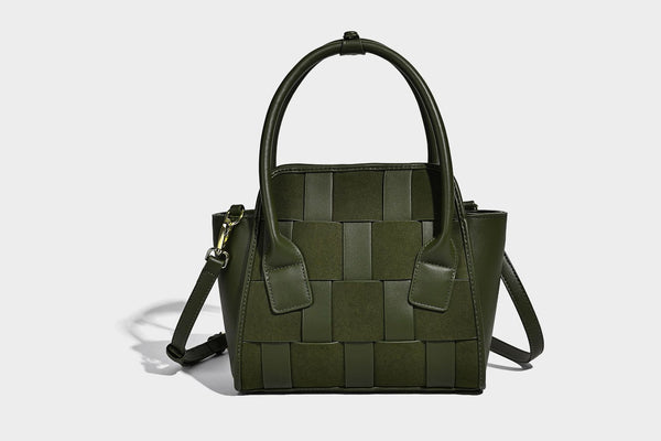 Small structured woven-panel mini tote bag with double top handles and detachable crossbody strap in matte leather-look