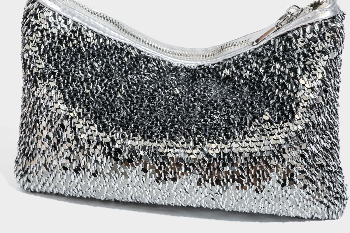 Small sequin hobo shoulder bag with knotted strap and zip closure, detail view 43