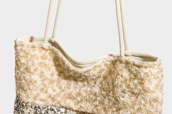 Soft rectangular sequin tote bag with colorblock metallic panels and long slim shoulder straps, detail view 30