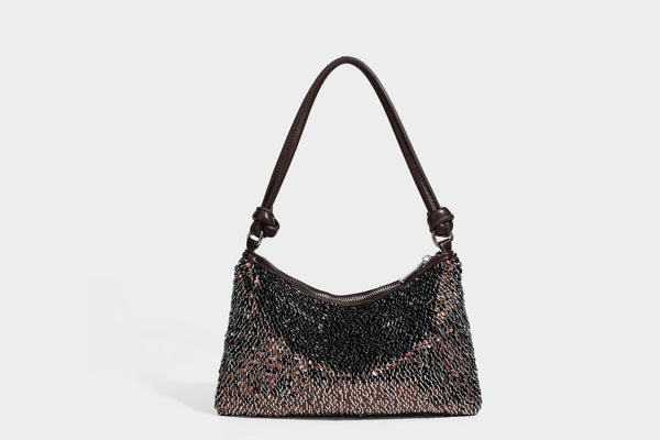 Small sequin hobo shoulder bag with knotted strap and zip closure, detail view 32