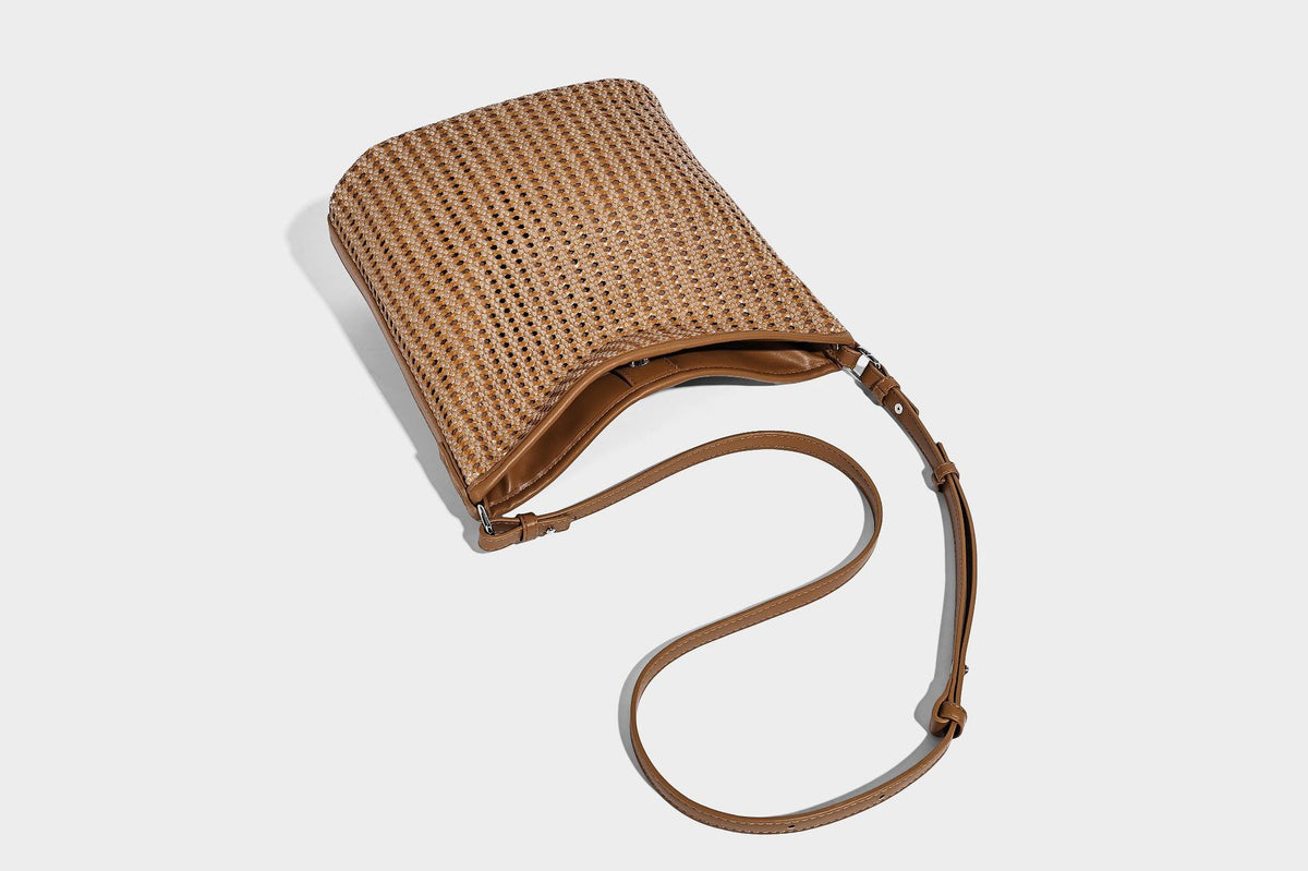 Slouchy open-weave hobo shoulder bag with leather-look trim, beaded tassel charm, and adjustable strap, detail view 27