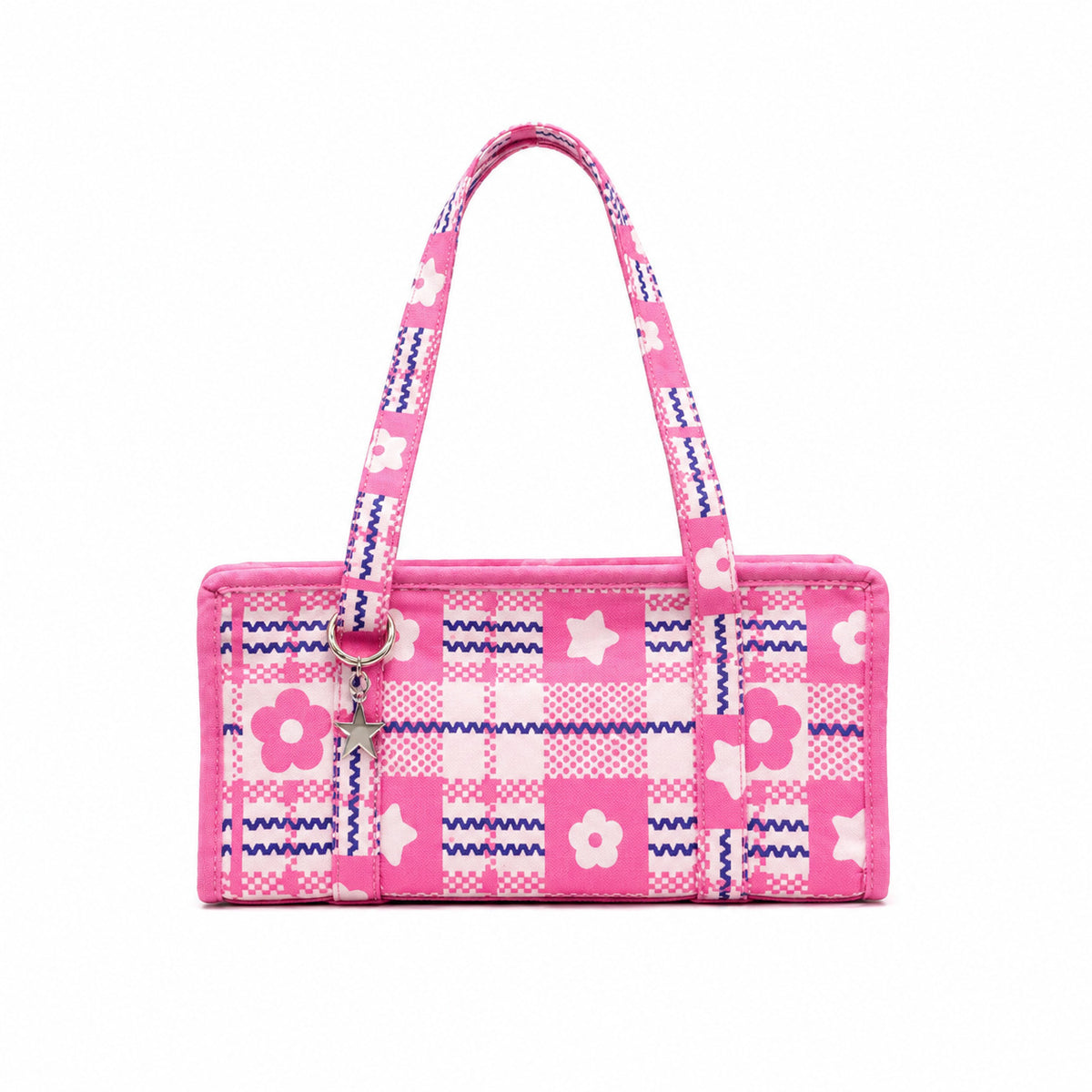Structured rectangular retro plaid mini handbag with flower and star appliqués, silver star charm, and twin top handles