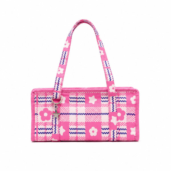 Structured rectangular retro plaid mini handbag with flower and star appliqués, silver star charm, and twin top handles