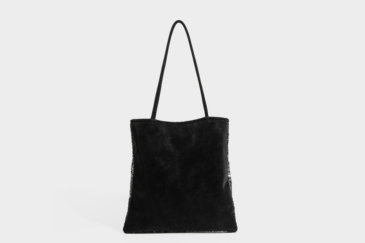 Soft rectangular sequin tote bag with colorblock metallic panels and long slim shoulder straps, detail view 22