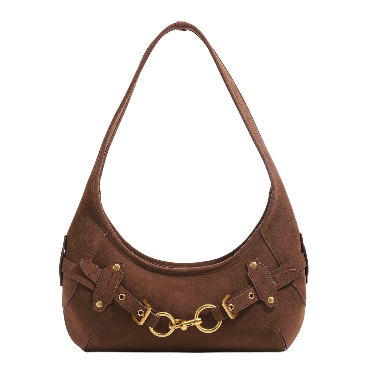 Slouchy hobo shoulder bag with gold-tone ring-and-buckle front hardware, zip top closure, and matte textured finish, detail