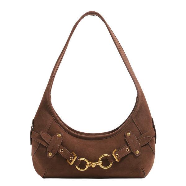 Slouchy hobo shoulder bag with gold-tone ring-and-buckle front hardware, zip top closure, and matte textured finish, detail