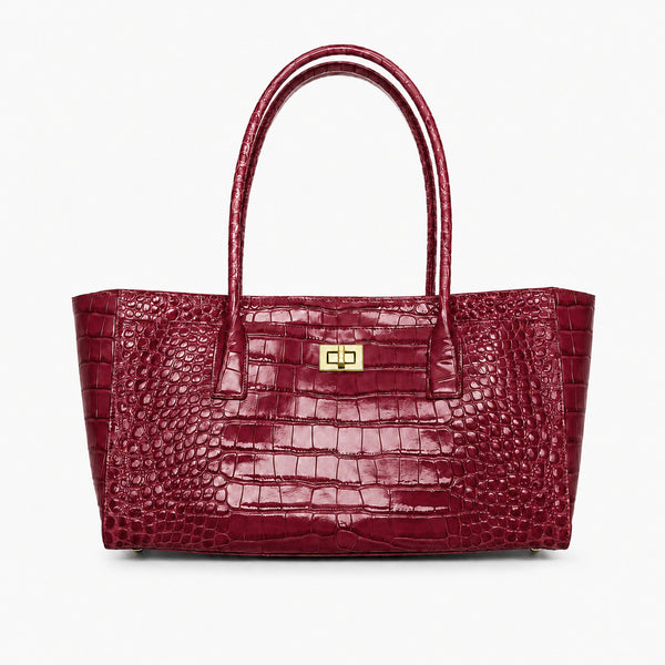 Structured glossy crocodile-embossed tote bag with gold-tone turn-lock closure and double top handles, detail view 7