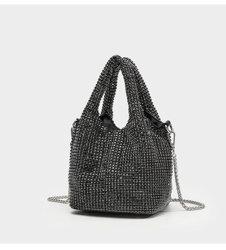 Small all-over rhinestone crystal bucket bag with twin handles and detachable chain shoulder strap, detail view 23
