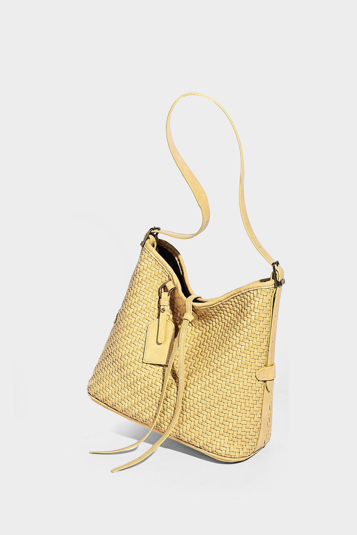 Slouchy woven-texture bucket shoulder bag with tassel tie closure and gold-tone hardware, detail view 27