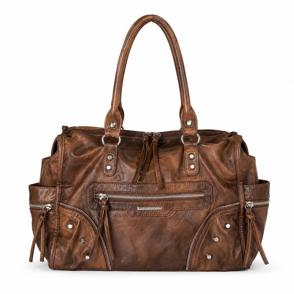 Large distressed leather-look moto tote bag with silver rivets, tassel zip pulls, front zip pocket, and dual top handles