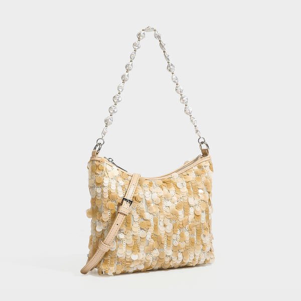 Small crescent sequin shoulder bag with pearl beaded strap and zip closure, detail view 9