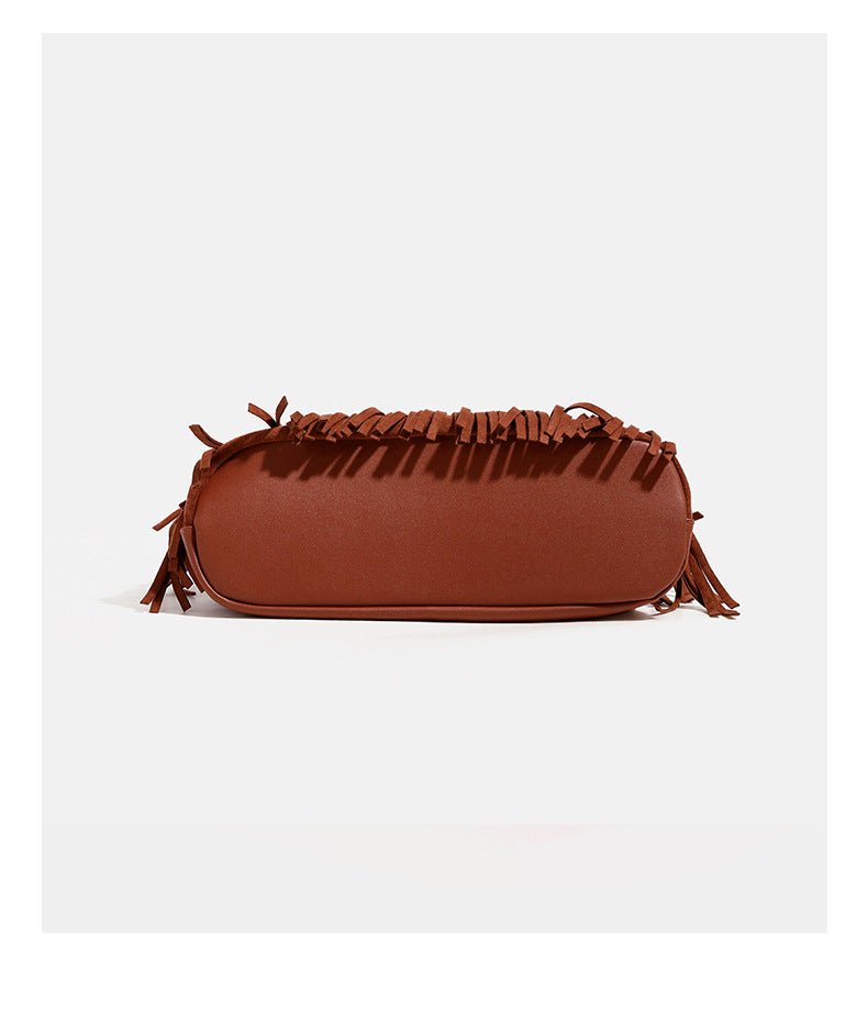 Cognac brown suede-look hobo shoulder bag with layered fringe trim and single loop strap, detail view 13