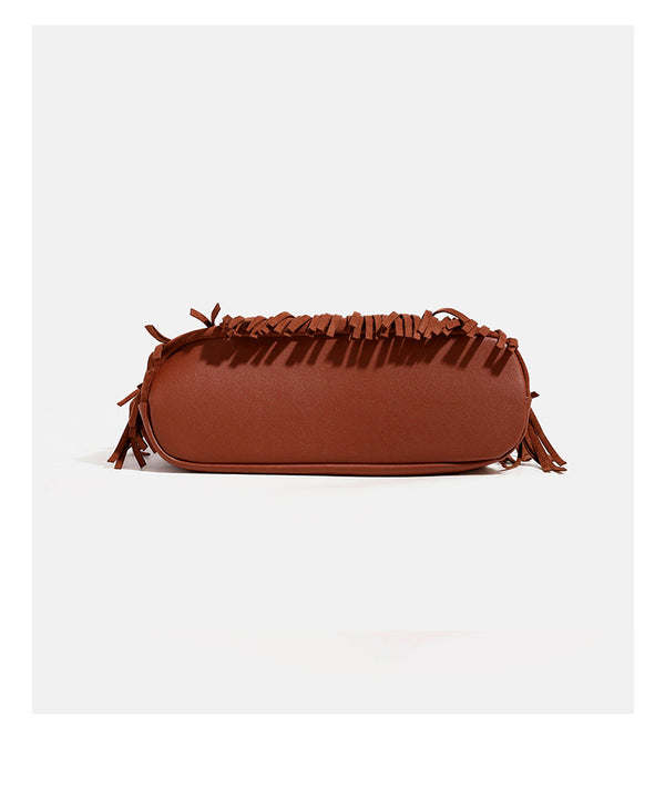 Cognac brown suede-look hobo shoulder bag with layered fringe trim and single loop strap, detail view 13