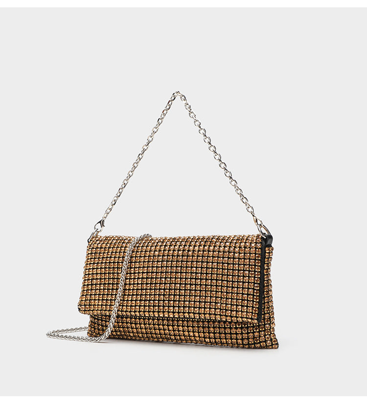 Small rectangular all-over rhinestone flap crossbody clutch bag with silver chain strap, detail view 13