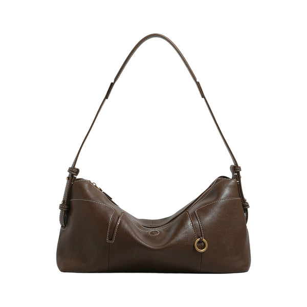 Slouchy hobo shoulder bag in smooth leather-look finish with zip closure and antique brass ring hardware, detail view 5