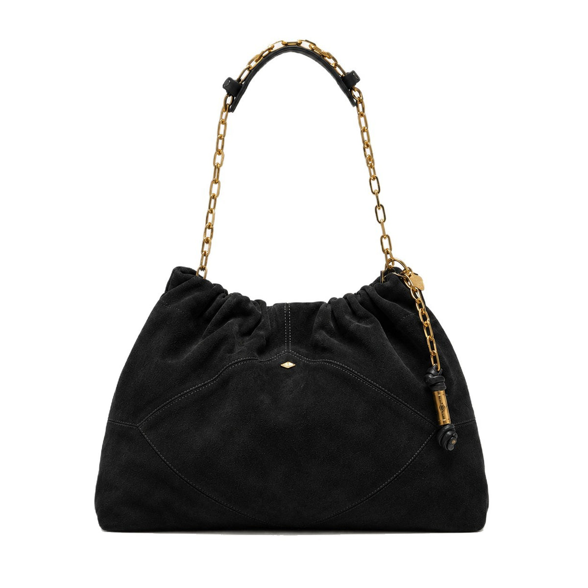 Slouchy suede-look shoulder bag with gathered top, angular stitched paneling, and chunky gold-tone chain strap, detail view 5